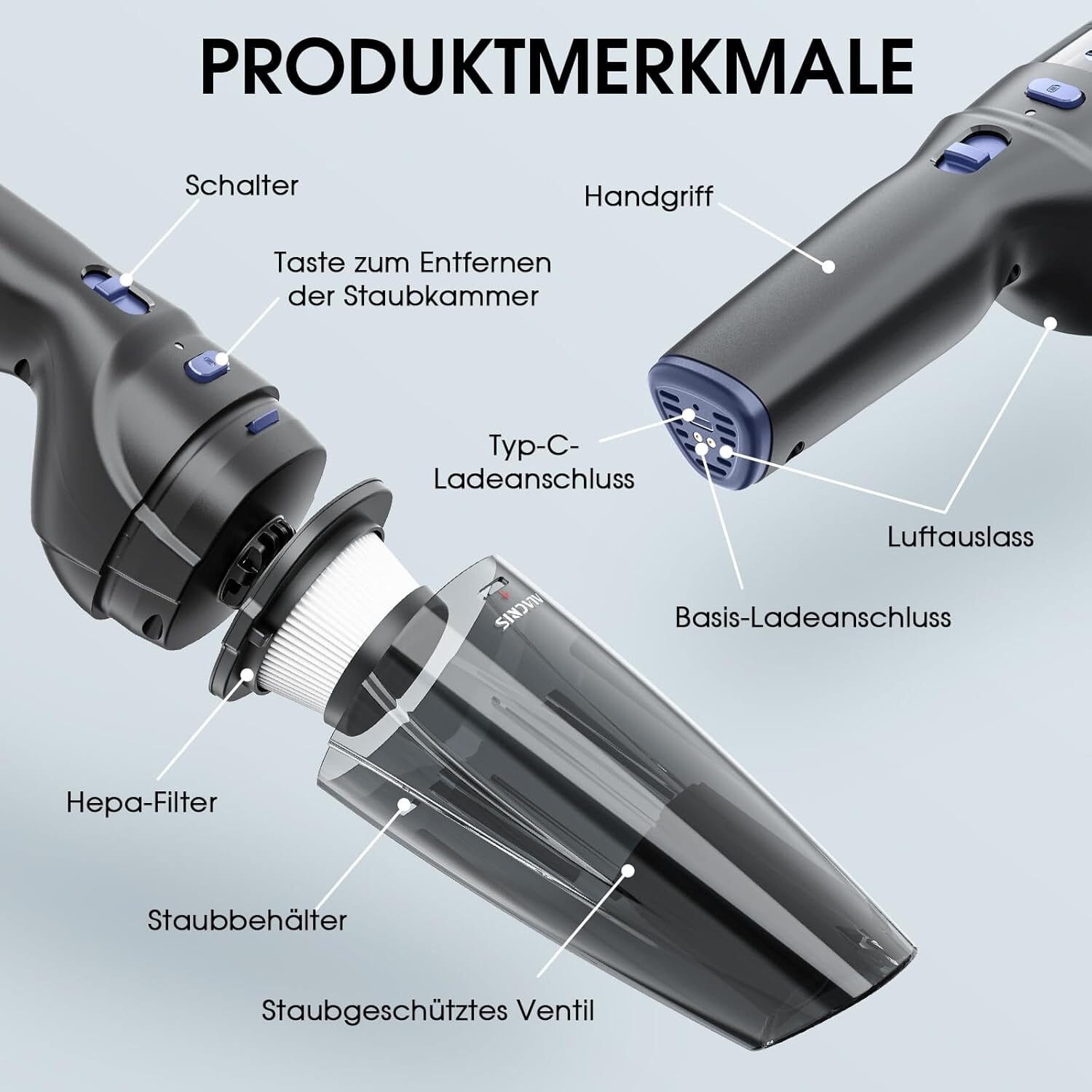 Akku-Handstaubsauger mit 9500Pa Saugkraft, 4 Aufsätzen, USB-C, Ladestation, 3x2000mAh Akku
