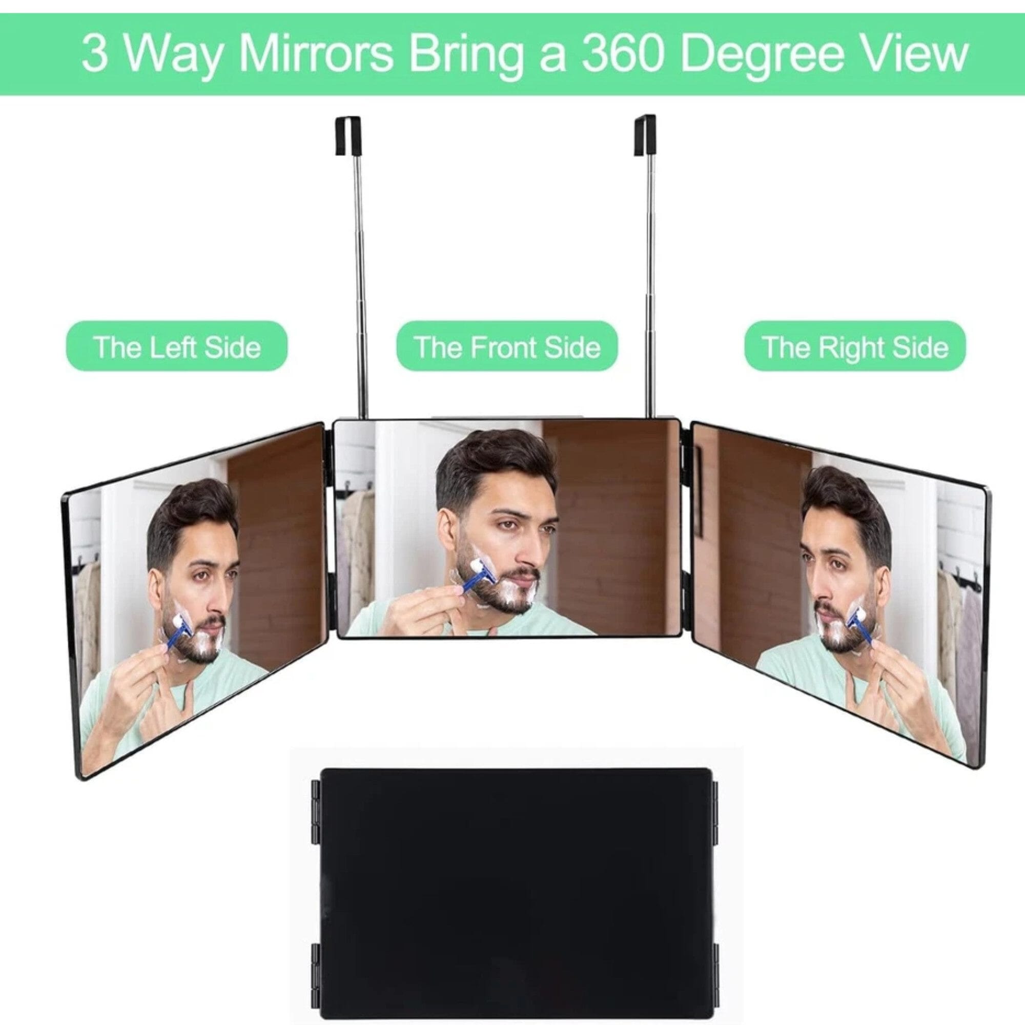 Kosmetikspiegel 360° 3-Wege-Spiegel mit Höhenverstellbarem Haken, Tragbar & Faltbar