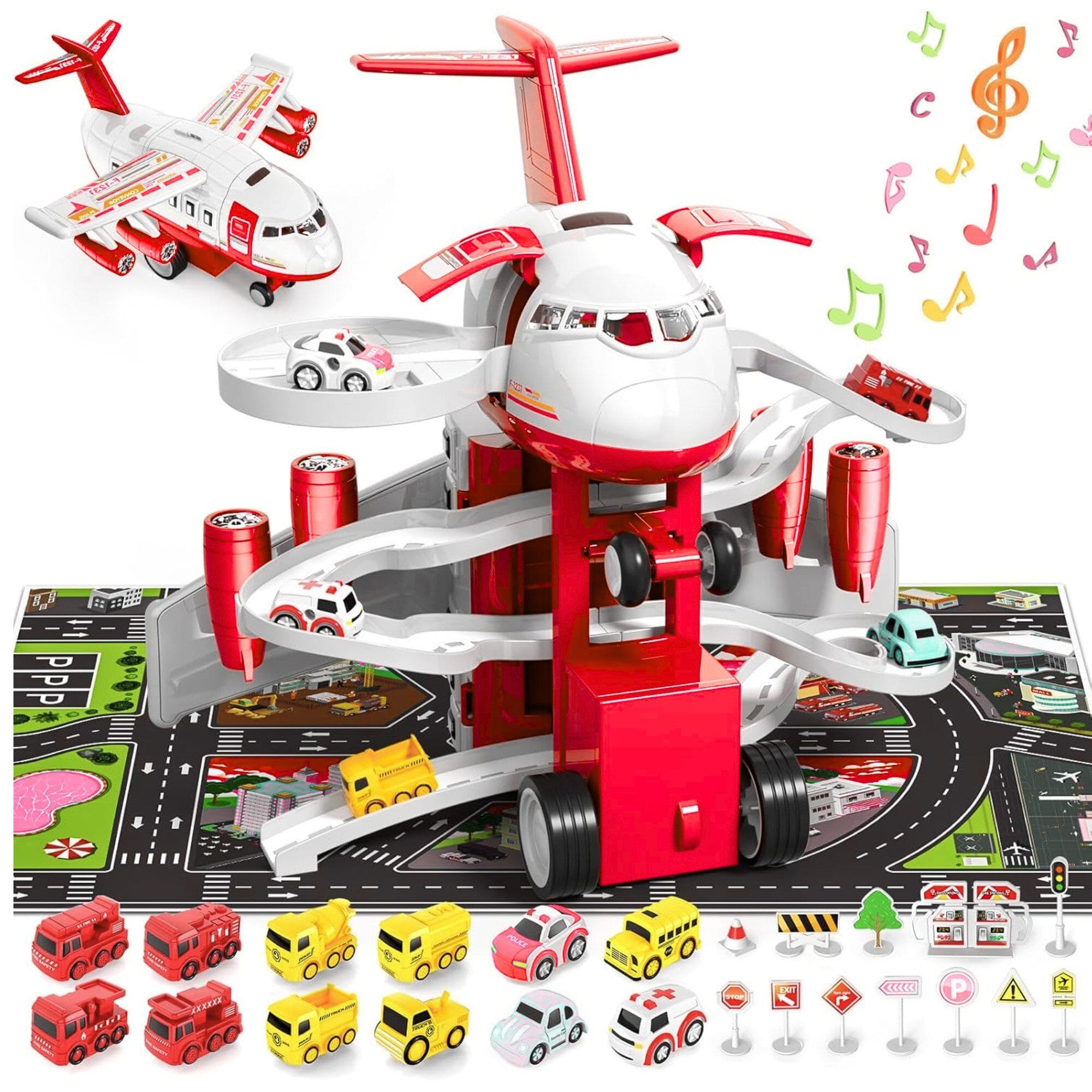 flugzeug kinder spielzeug Spielzeug-Flugzeug mit 12 Stadtautos & Rennstrecke Rennbahn Auto Spiel
