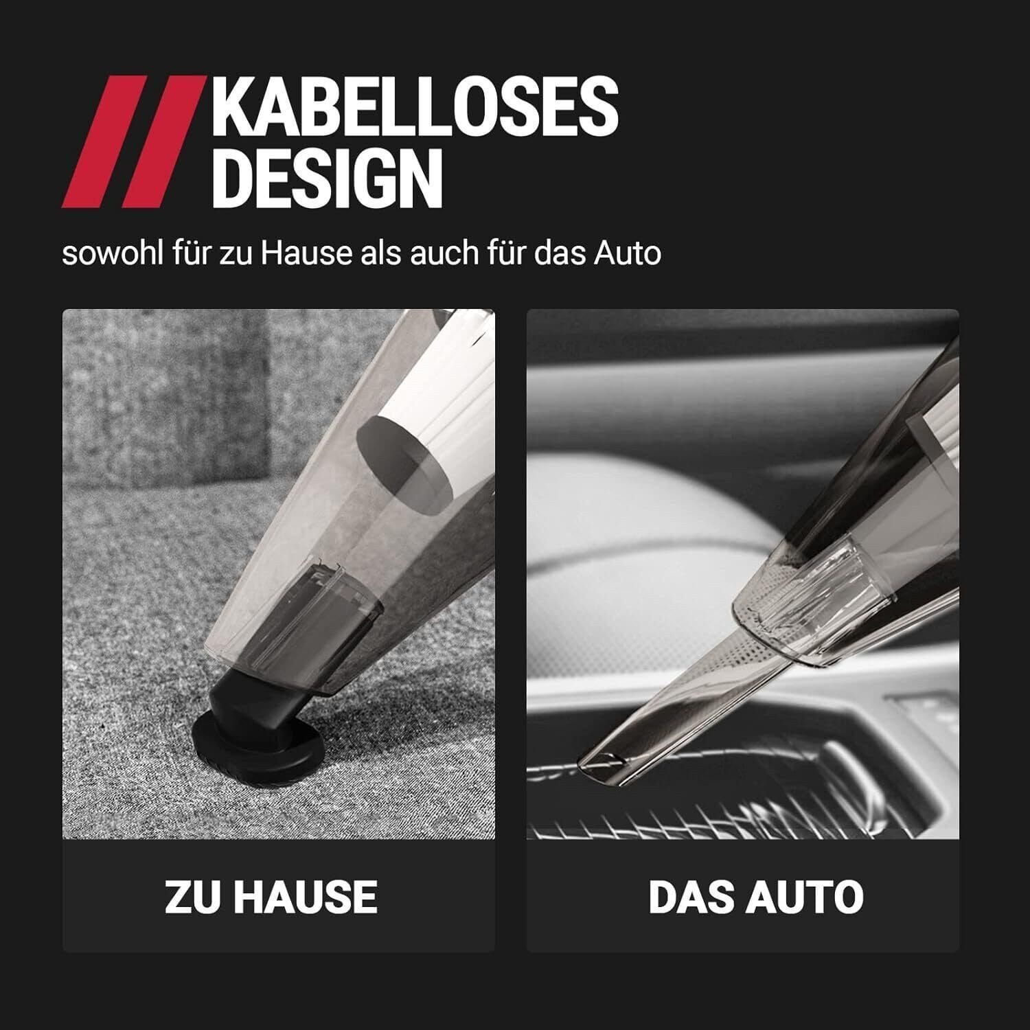 Akku-Handstaubsauger Kabellos & Tragbar + eingebaute LED-Licht + professionelle Aufsätze