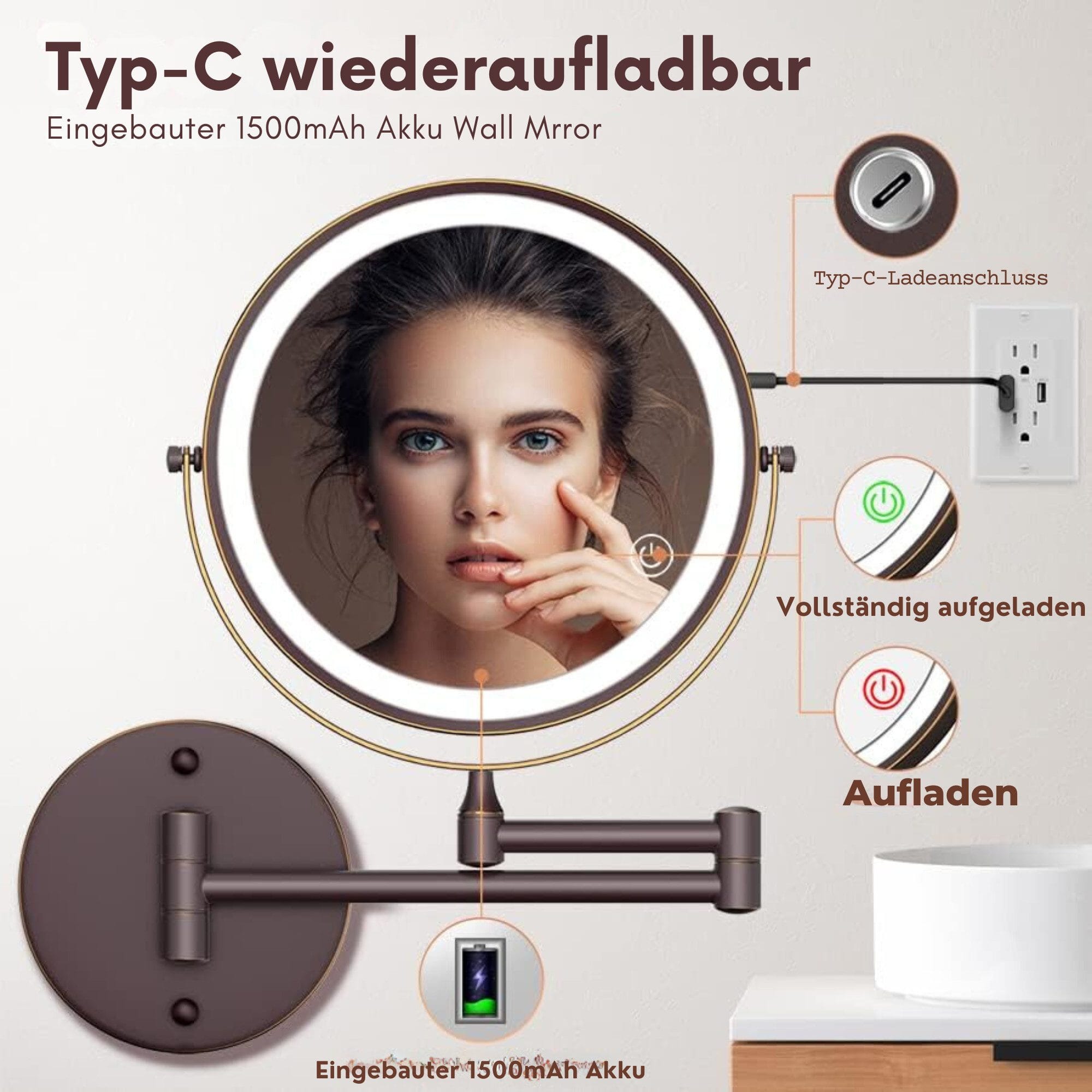 LED-Lichtspiegel Wiederaufladbarer beleuchteter Badezimmerspiegel, 1X/10X Vergrößerung