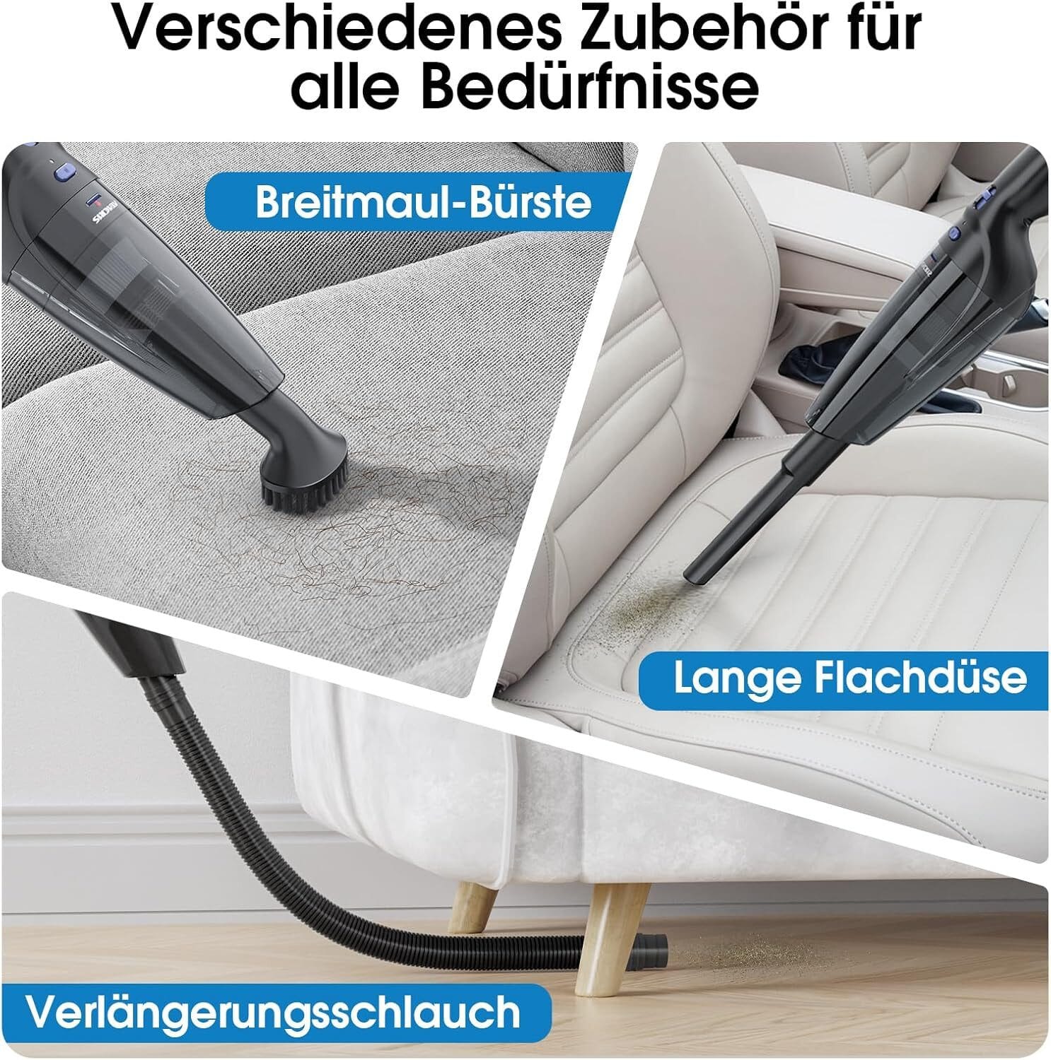 Akku-Handstaubsauger mit 9500Pa Saugkraft, 4 Aufsätzen, USB-C, Ladestation, 3x2000mAh Akku