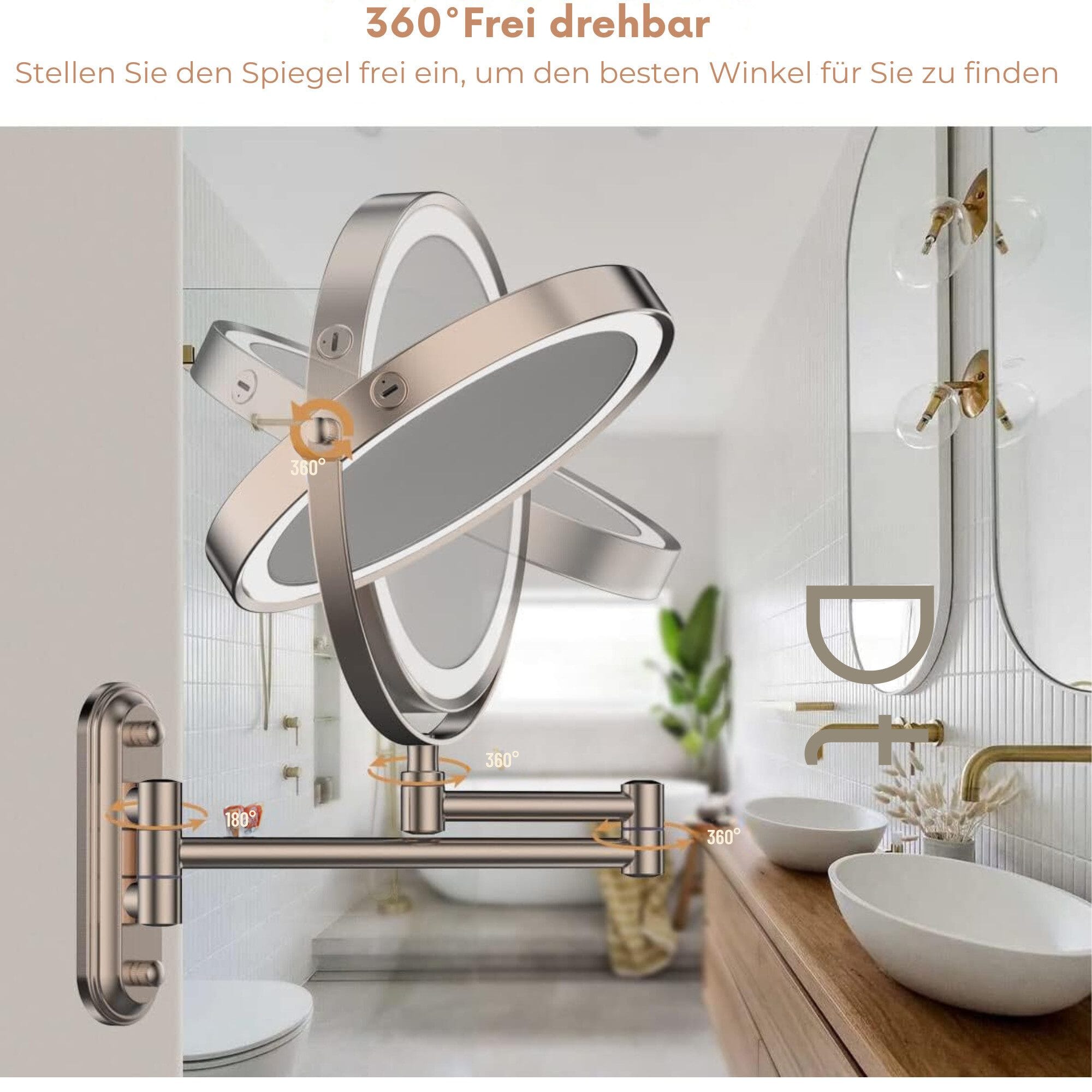 Kosmetikspiegel Wiederaufladbarer beleuchteter Badezimmerspiegel, 1X/10X Vergrößerung