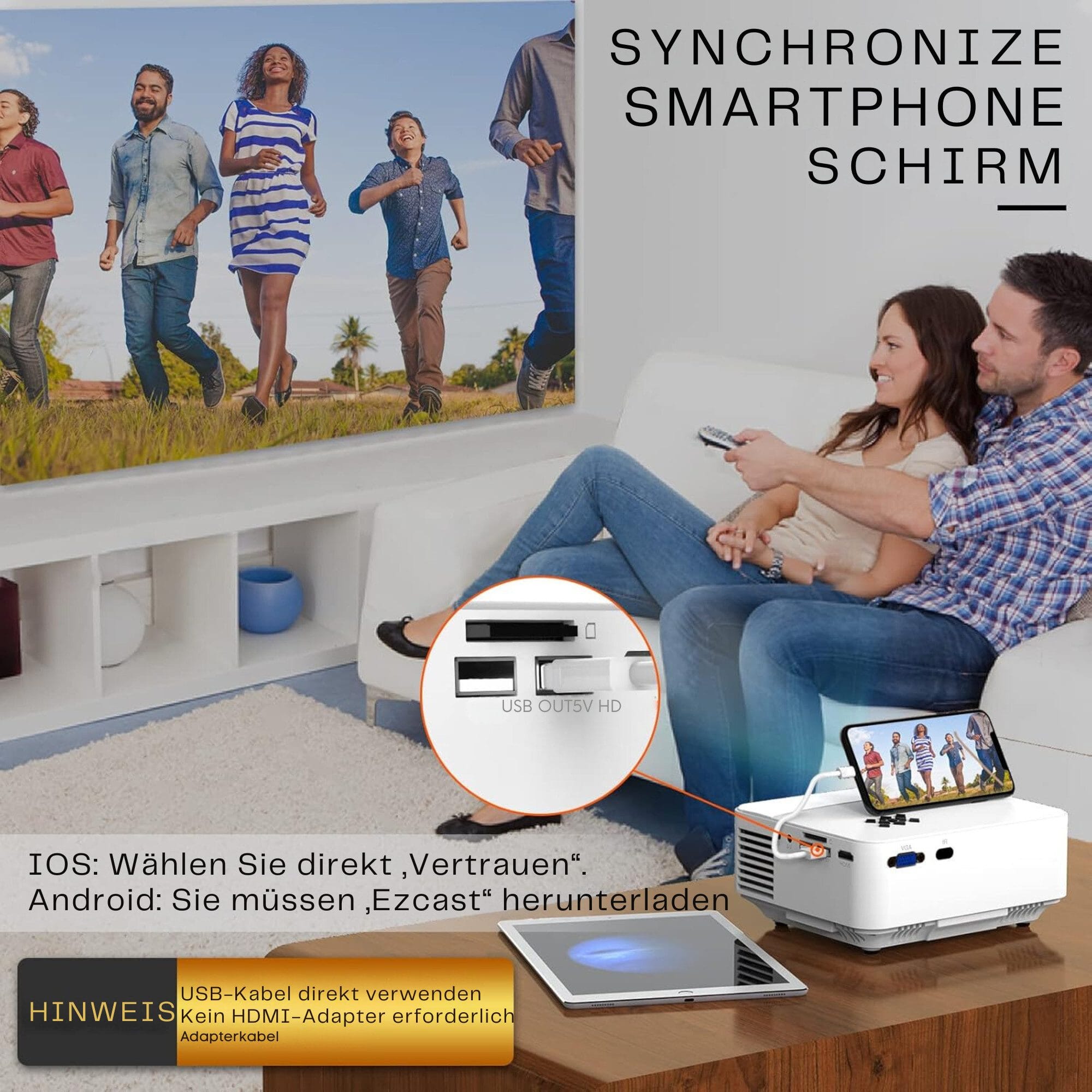 Mini Beamer mit Screen Mirroring, 7000 Lumen Heimkino FULL HD LED-Beamer