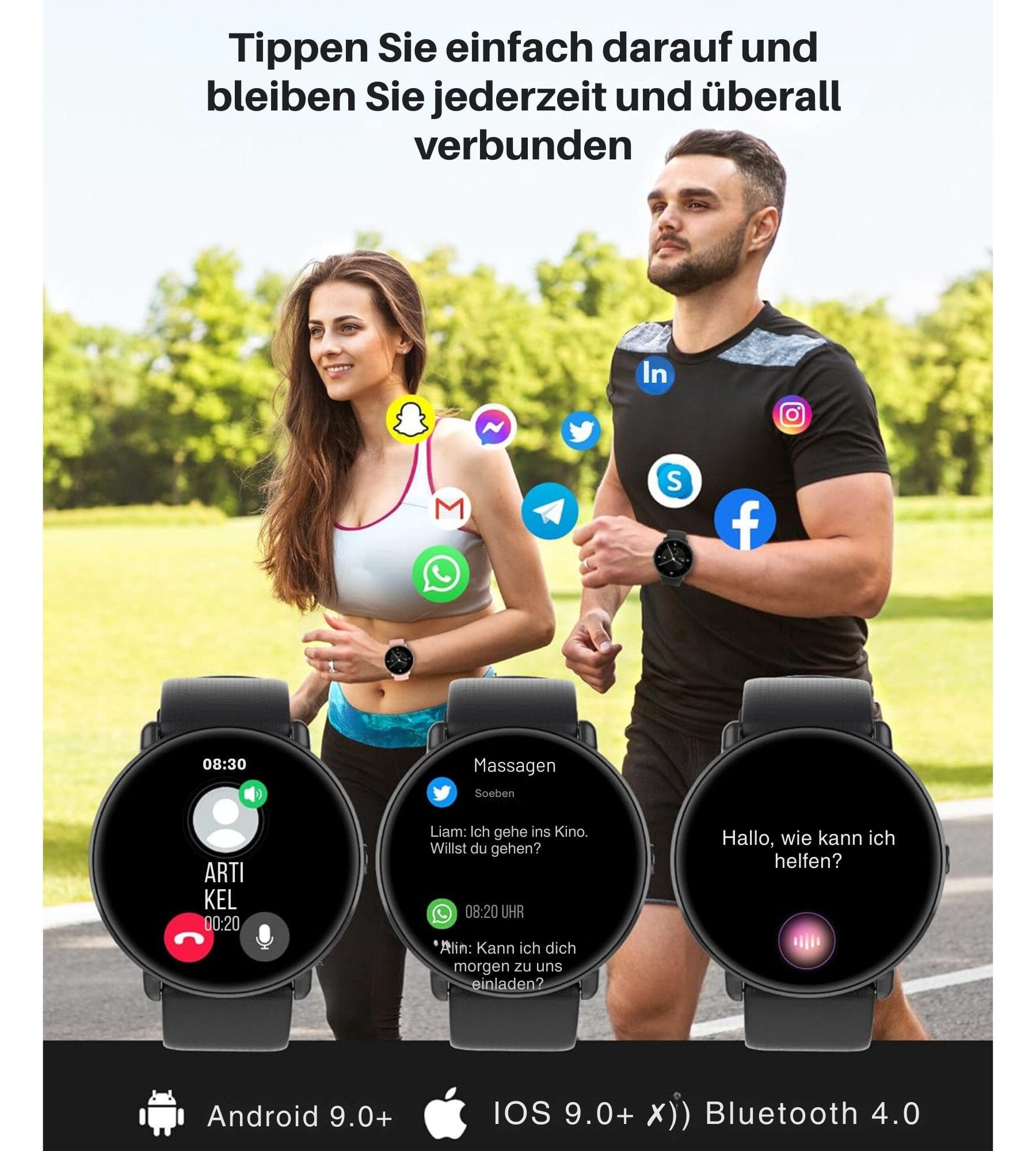 Damen & Herren – Fitnessuhr mit Bluetooth-Telefonie, AMOLED-Display Smartwatch