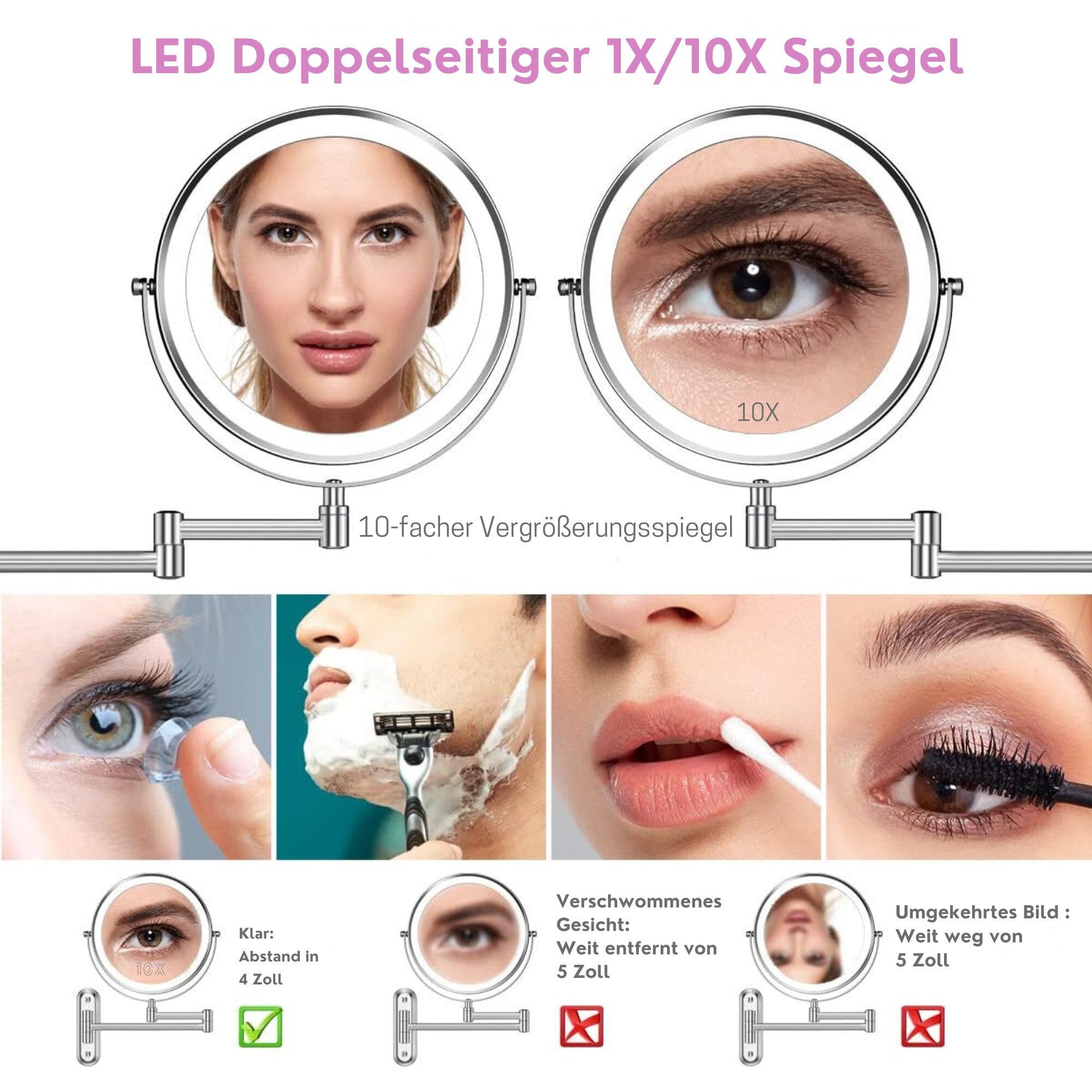 Kosmetikspiegel Wiederaufladbarer beleuchteter Badezimmerspiegel, 1X/10X Vergrößerung