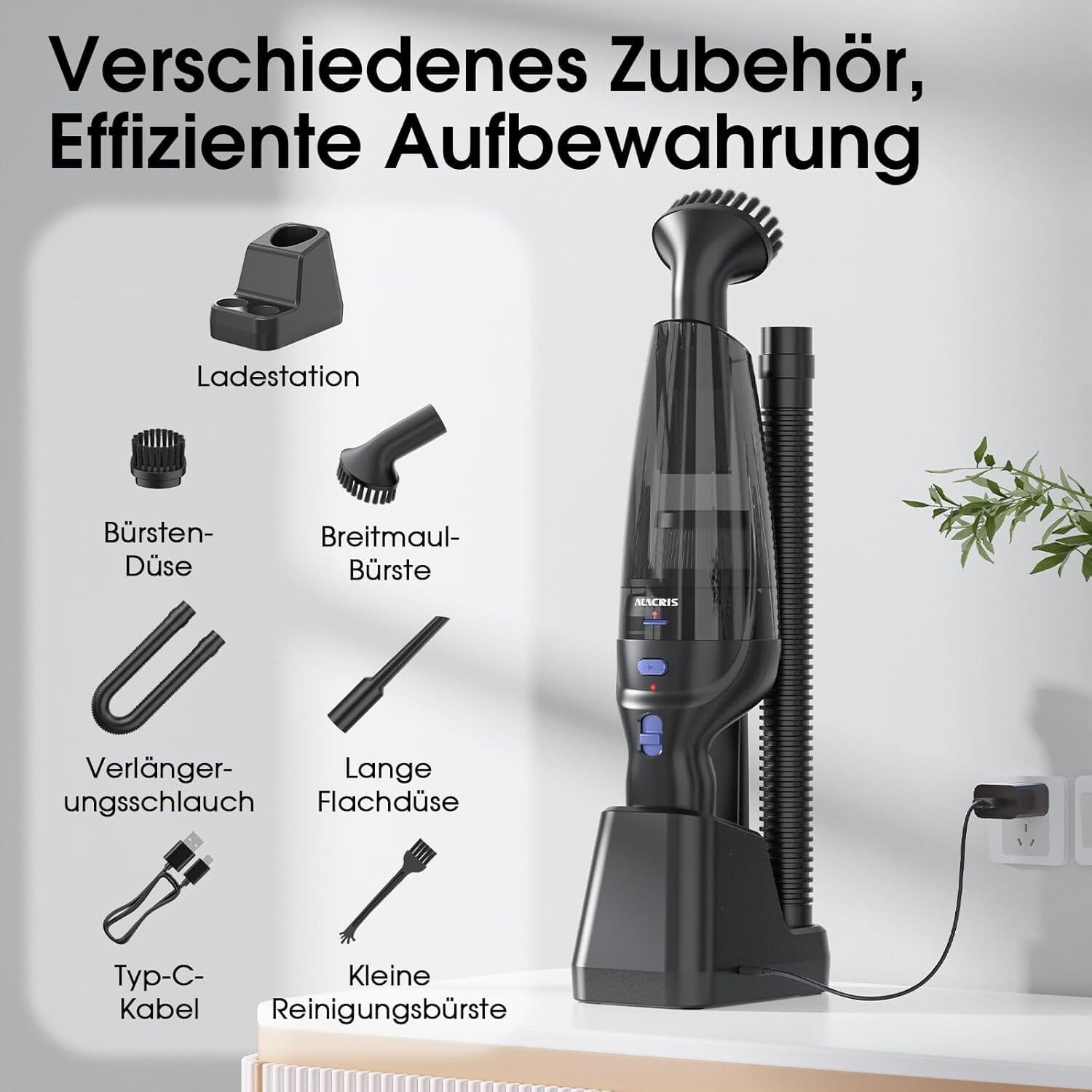 Akku-Handstaubsauger mit 9500Pa Saugkraft, 4 Aufsätzen, USB-C, Ladestation, 3x2000mAh Akku