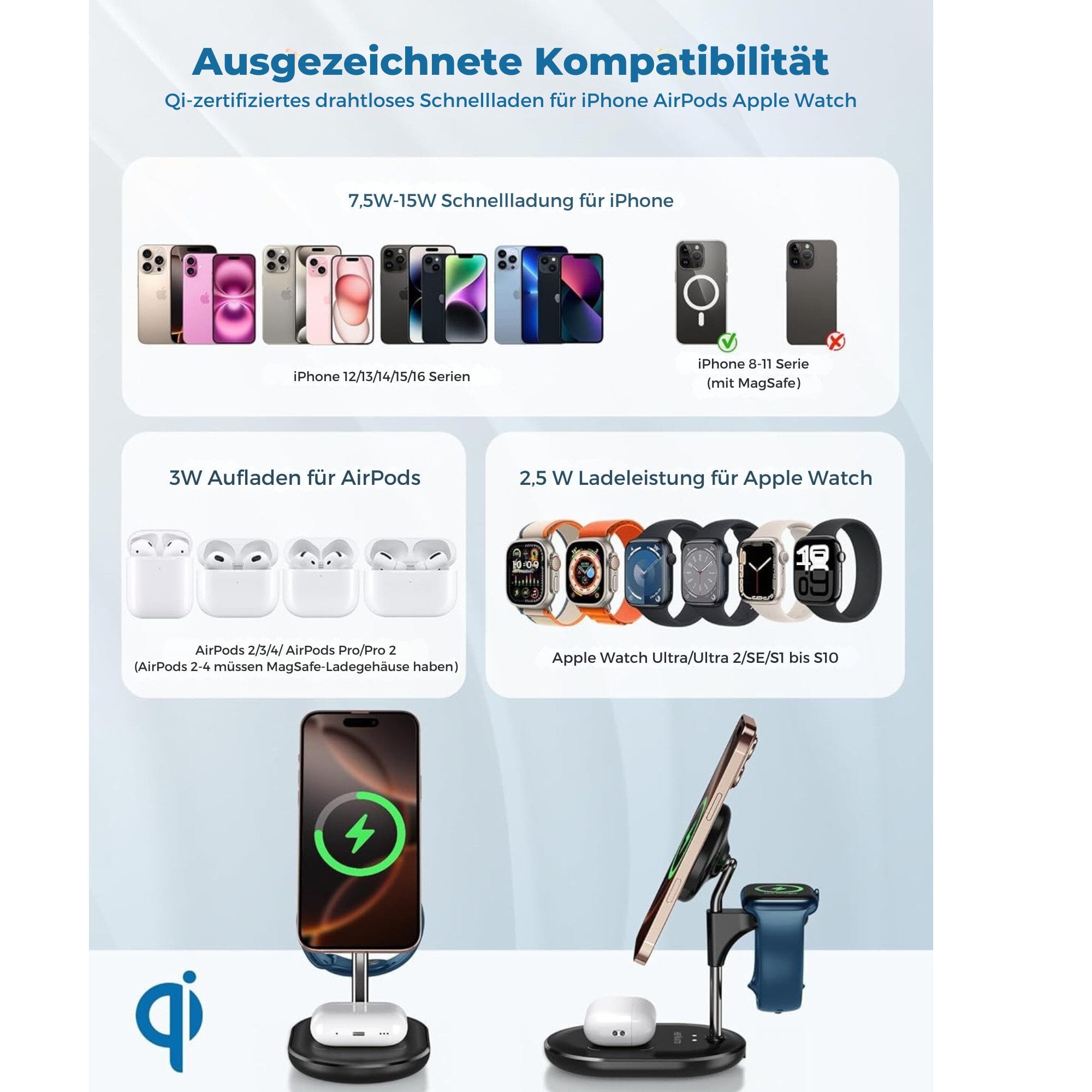 3 in 1 Ladestation für Apple MagSafe Ladegerät, 15W Mag-Safe Ladestation