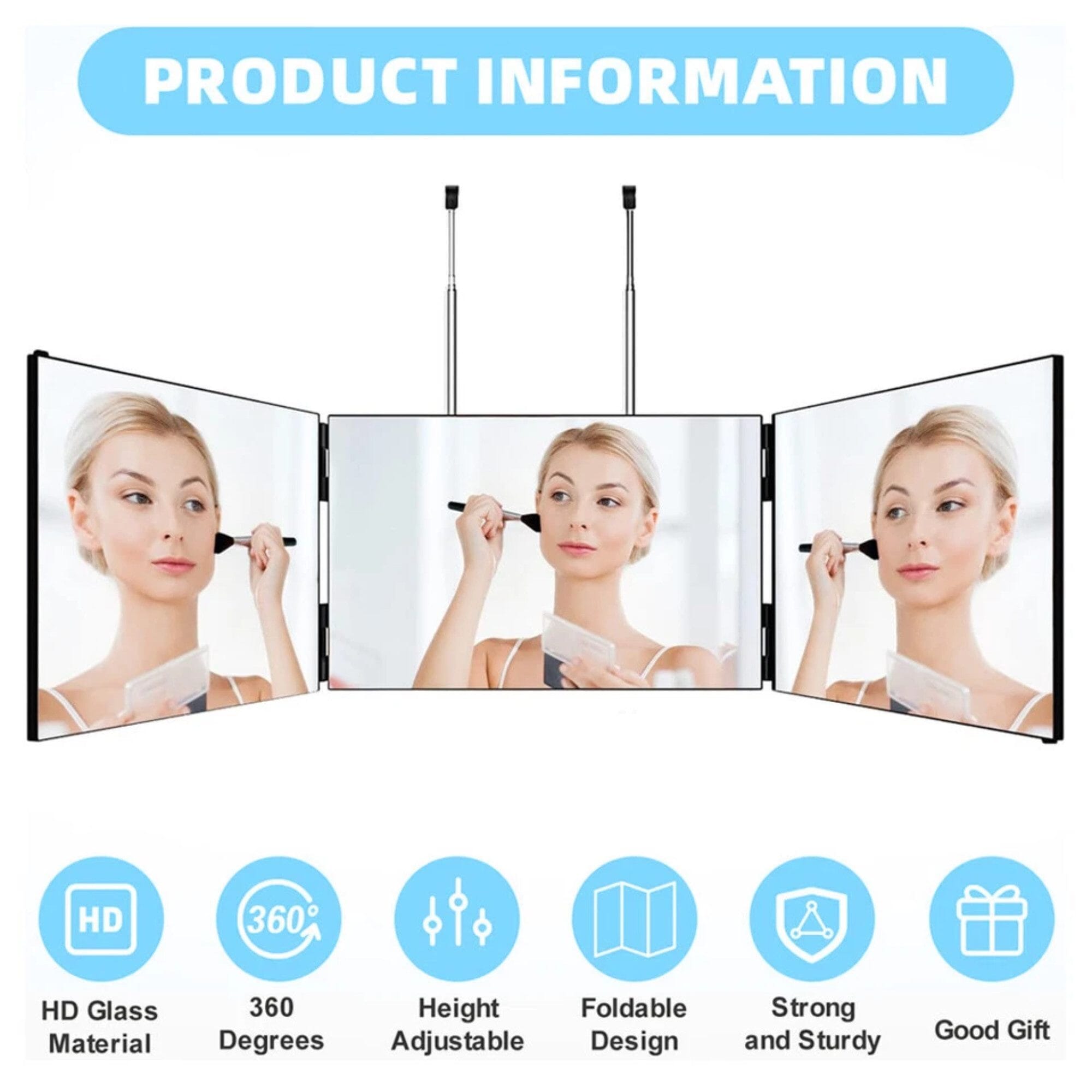 Kosmetikspiegel 360° 3-Wege-Spiegel mit Höhenverstellbarem Haken, Tragbar & Faltbar