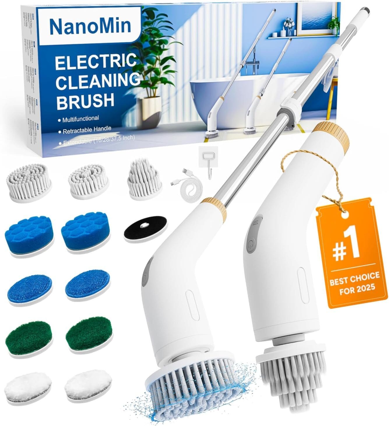 Reinigungsbürste mit 11 Bürstenköpfen, Teleskopgriff, 2 Geschwindigkeiten kabellos