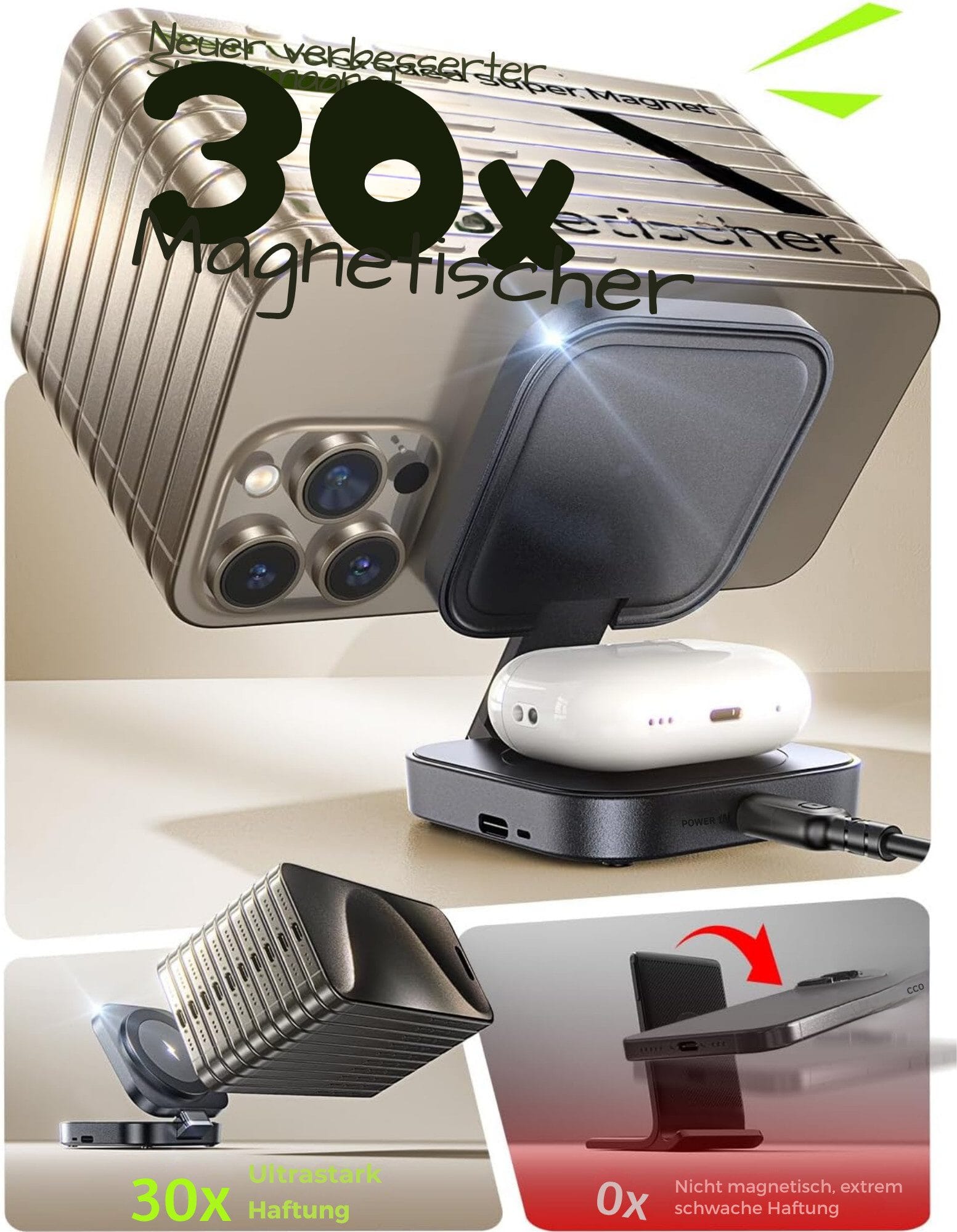 3-n-1 Faltbarer MagSafe Ständer mit Schnellladung, höhenverstellbar Ladestation