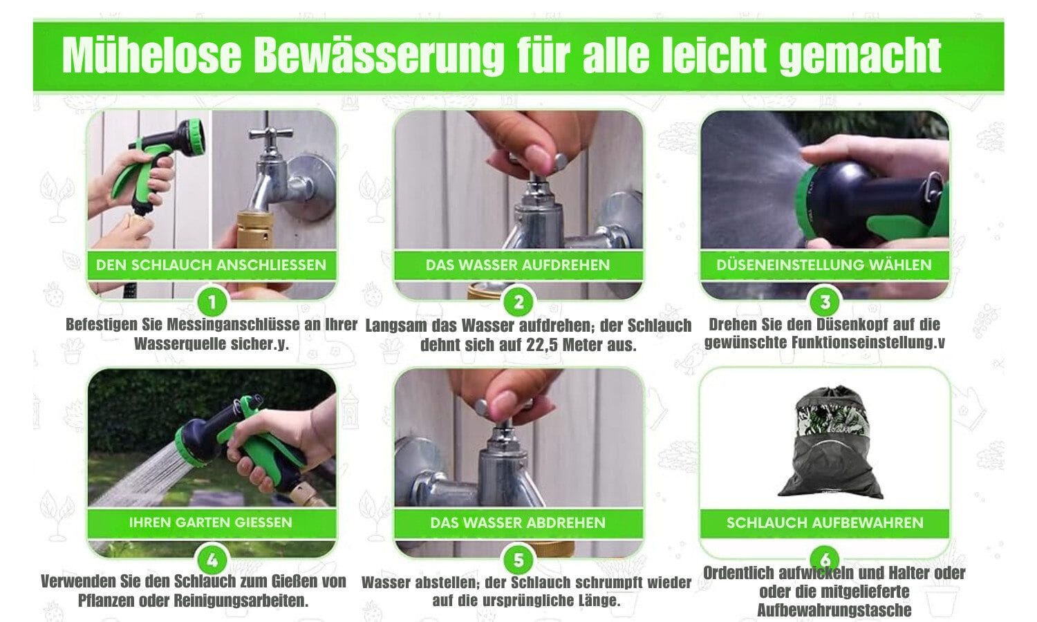 Gartenschlauch 22,5 m flexibler Wasserschlauch mit 9 Funktionsdüsen