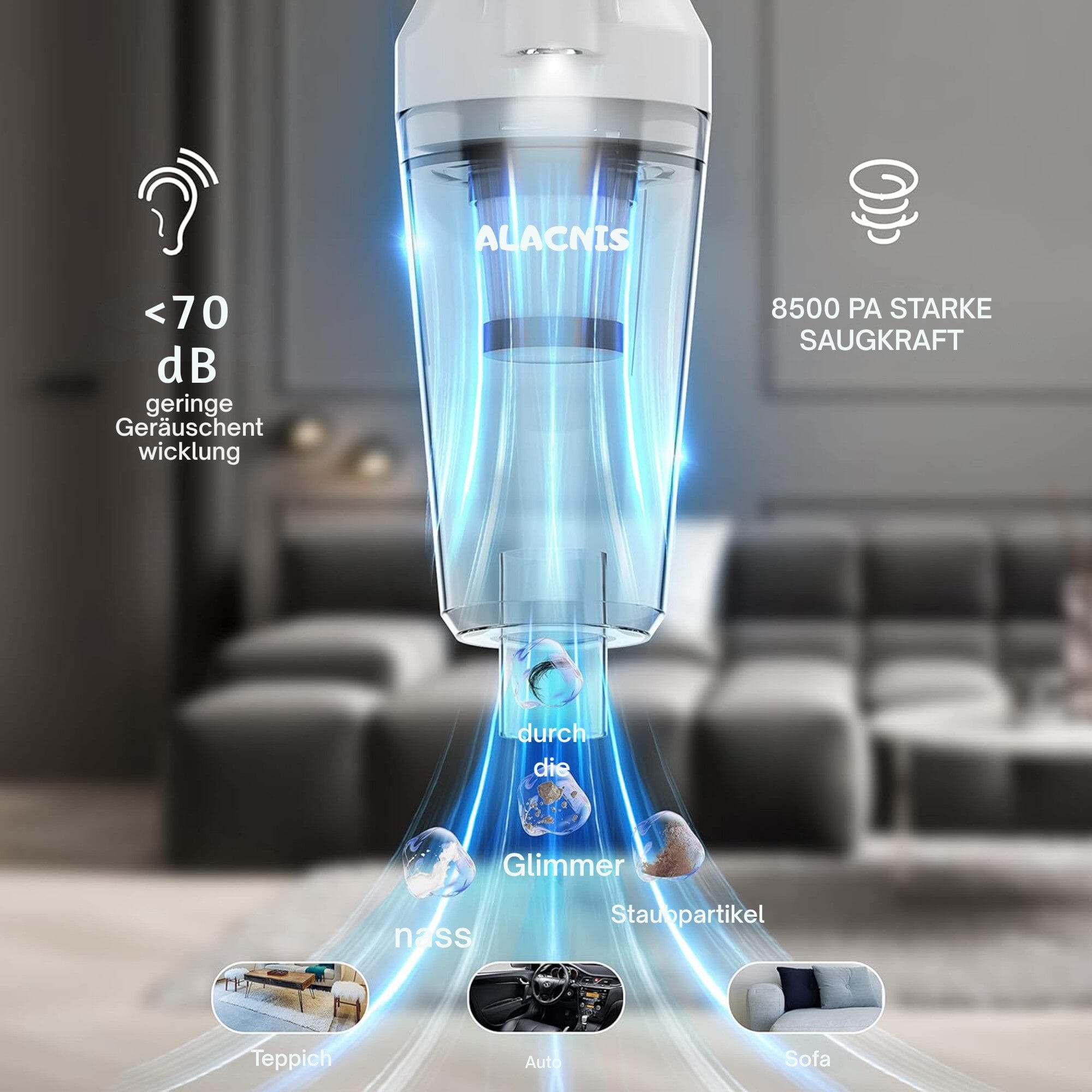 Akku-Handstaubsauger mit Nass- und Trockenfunktion, ultraleicht, 9500Pa Saugleistung