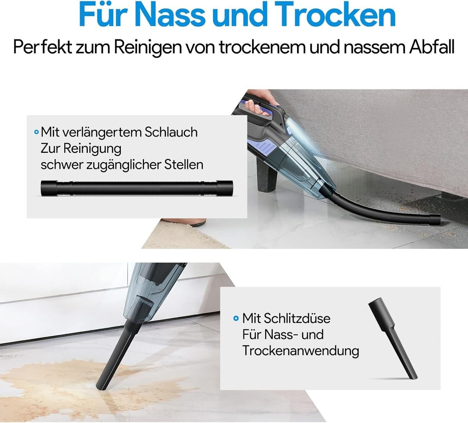 Akku-Handstaubsauger für Auto 2 Geschwindigkeiten für nass/trocken, Haus- und Tierhaare