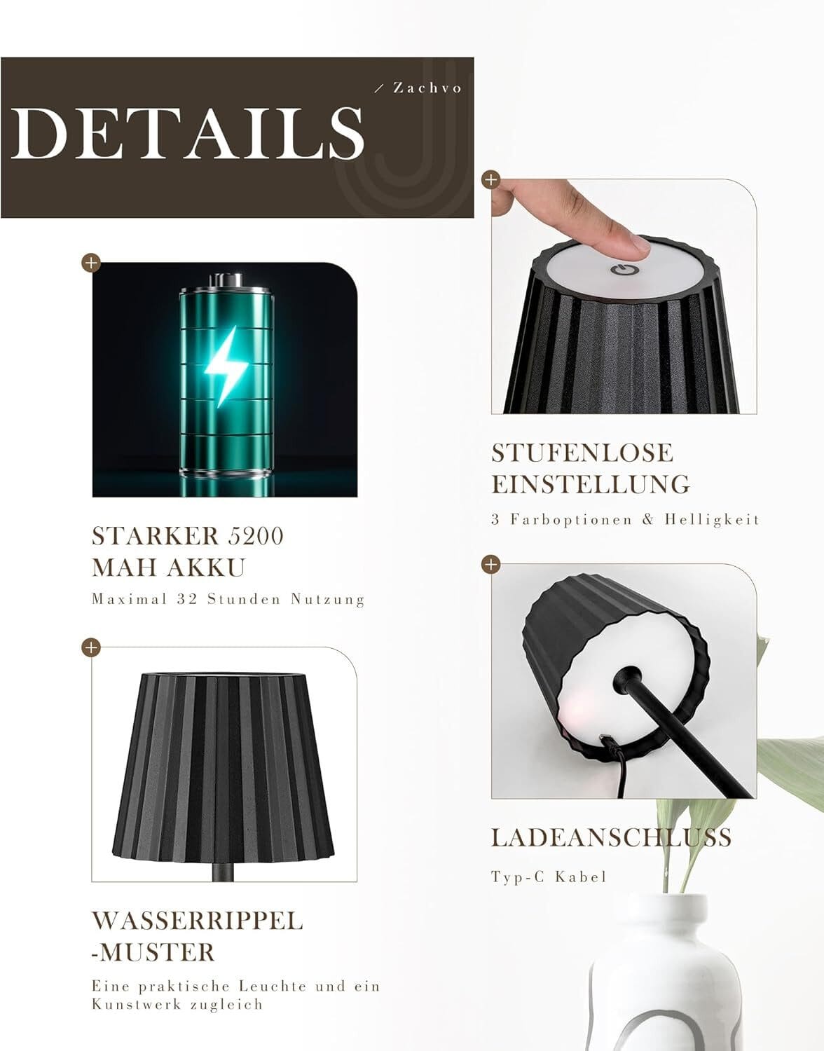 LED Tischleuchte mit 3 Farbtemperaturen -Wiederaufladbar,Touch-Dimmer,IP54 Wasserdicht