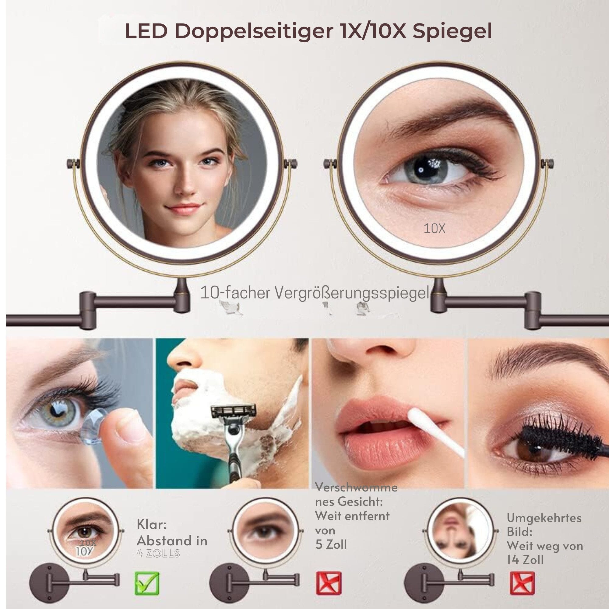 LED-Lichtspiegel Wiederaufladbarer beleuchteter Badezimmerspiegel, 1X/10X Vergrößerung