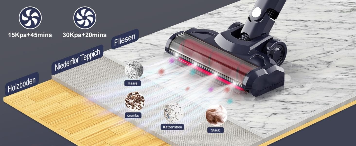 Akku-Hand-und Stielstaubsauger Kabellos, Akkusauger Kabelloser Staubsauger Bis zu 45Mins Laufzeit