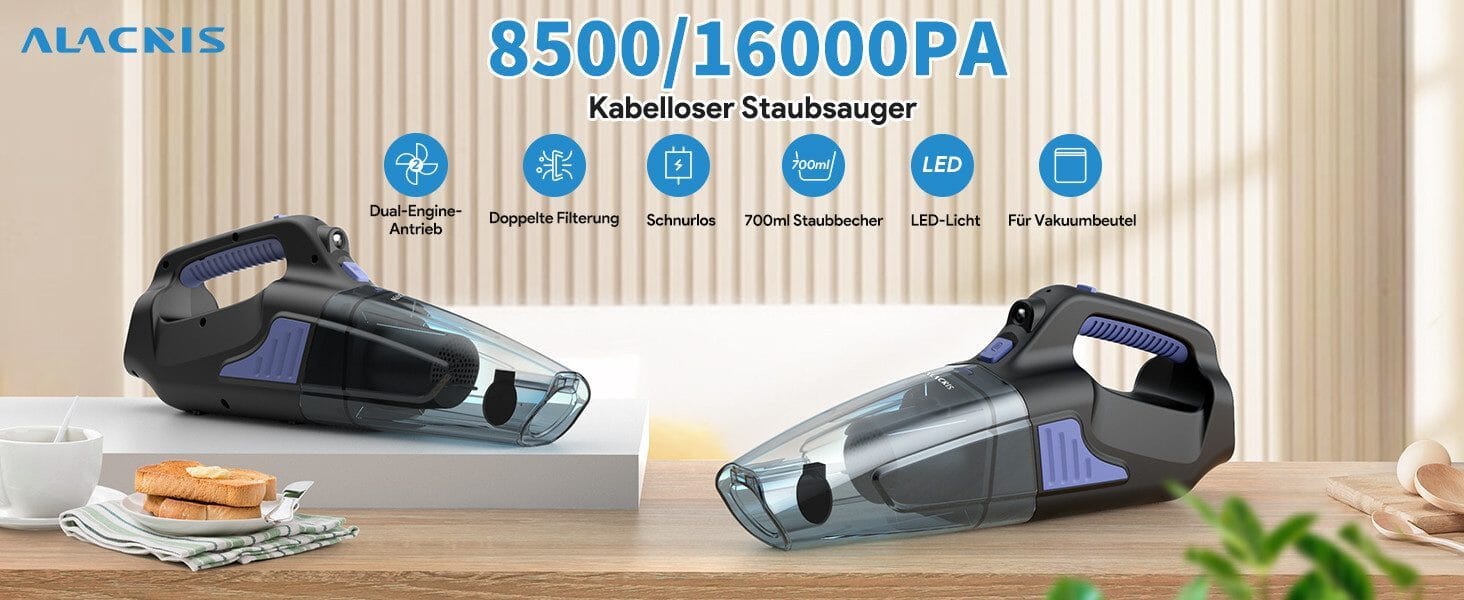 Akku-Handstaubsauger für Auto 2 Geschwindigkeiten für nass/trocken, Haus- und Tierhaare