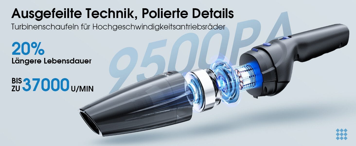 Akku-Handstaubsauger mit 9500Pa Saugkraft, 4 Aufsätzen, USB-C, Ladestation, 3x2000mAh Akku