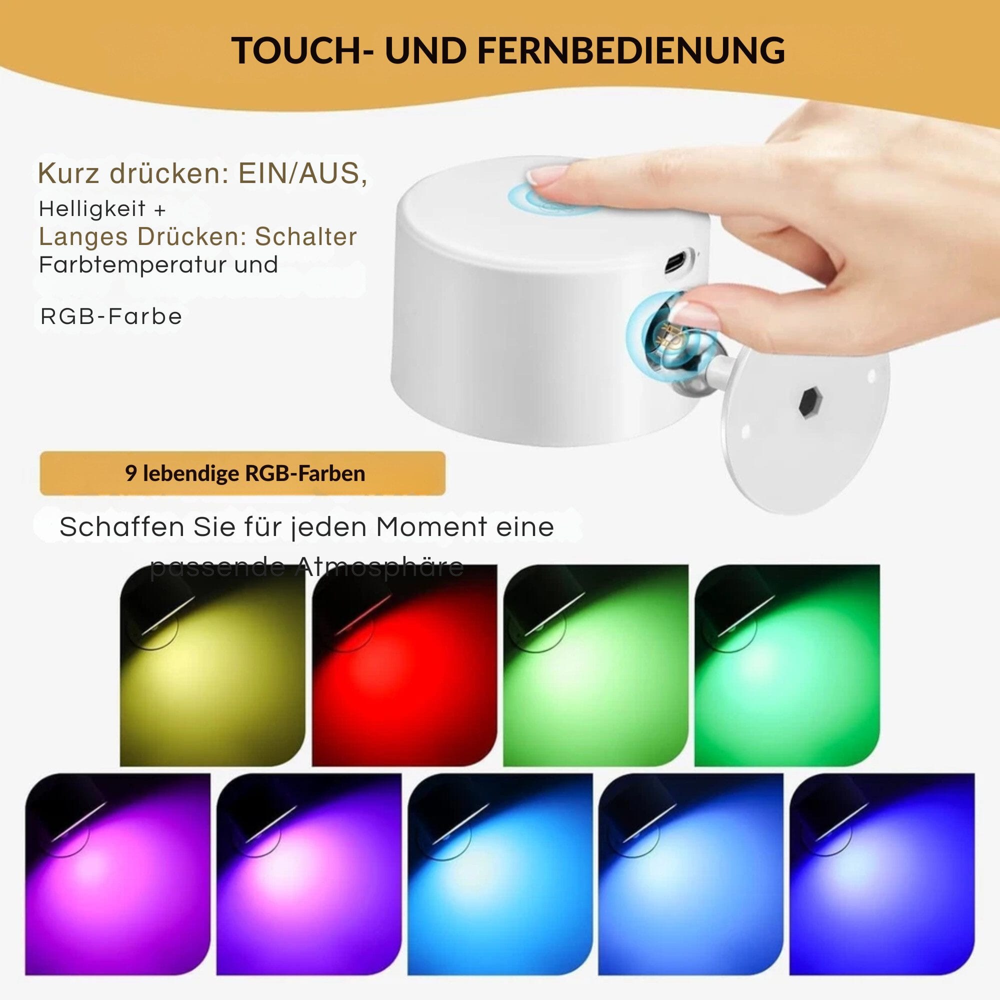 LED Wandleuchte mit Akku, 360° drehbar, magnetische Befestigung, RGB & Weißlicht