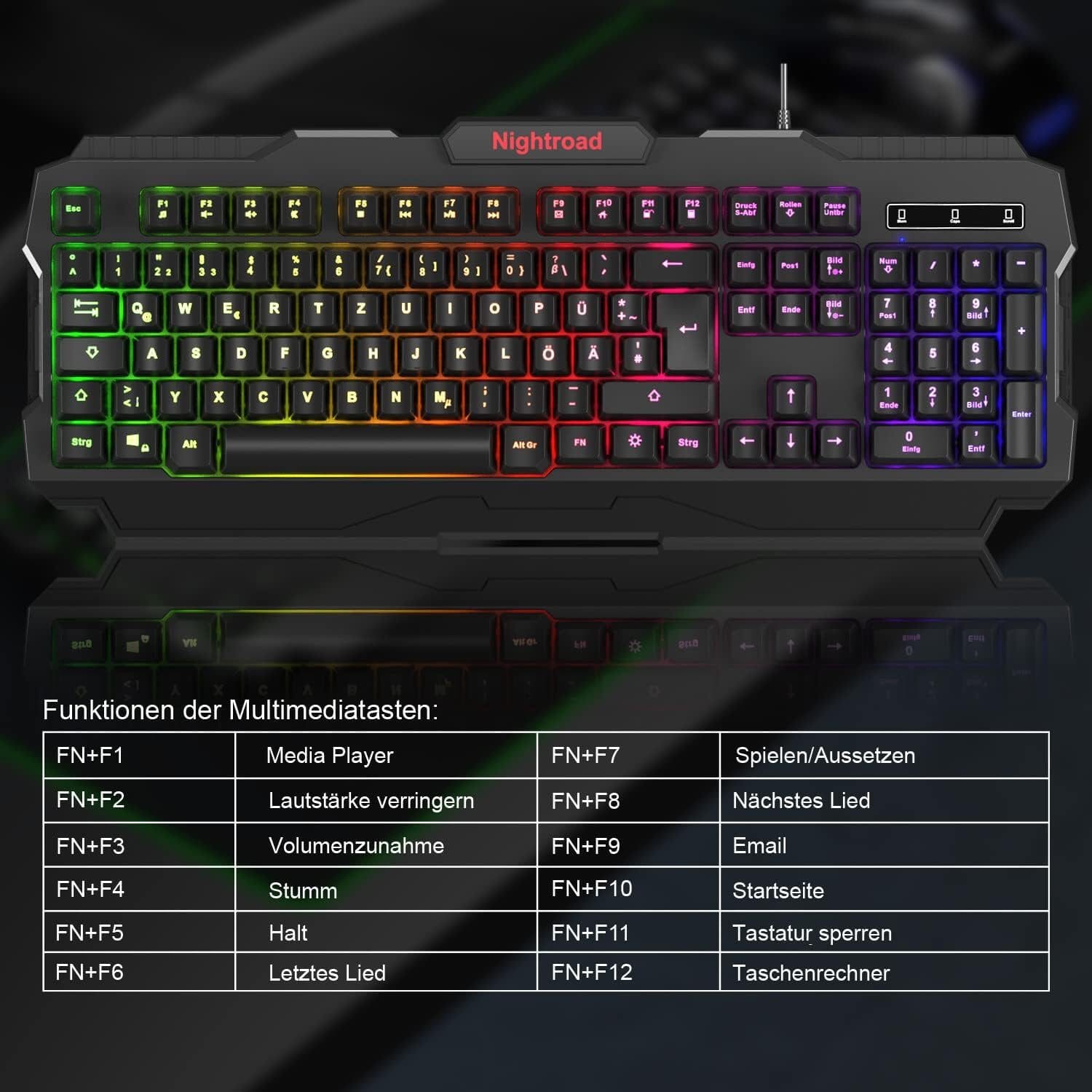 Nightroad RGB Beleuchtung, QWERTY, 105 Tasten, Anti-Ghosting Gaming-Tastatur
