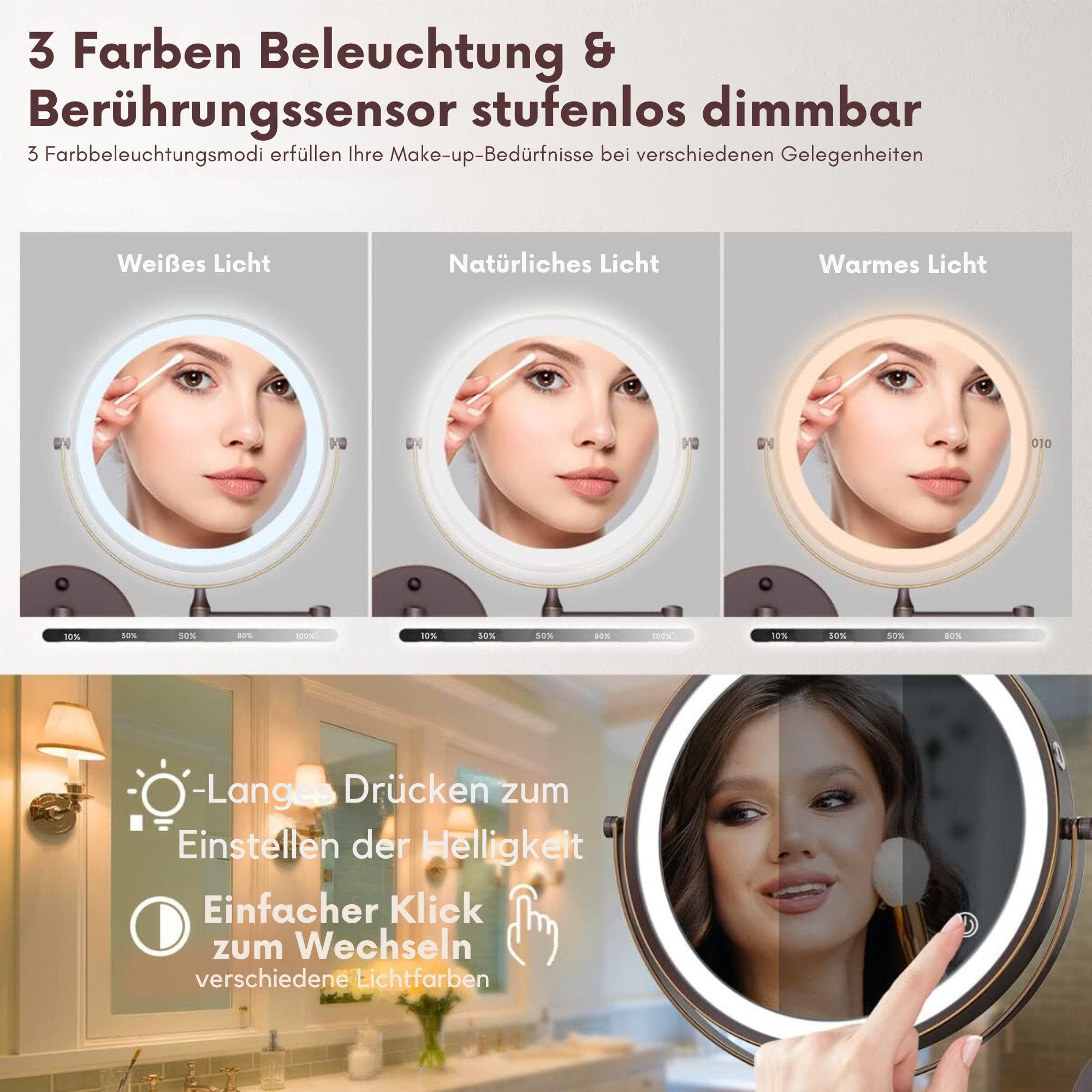 LED-Lichtspiegel Wiederaufladbarer beleuchteter Badezimmerspiegel, 1X/10X Vergrößerung